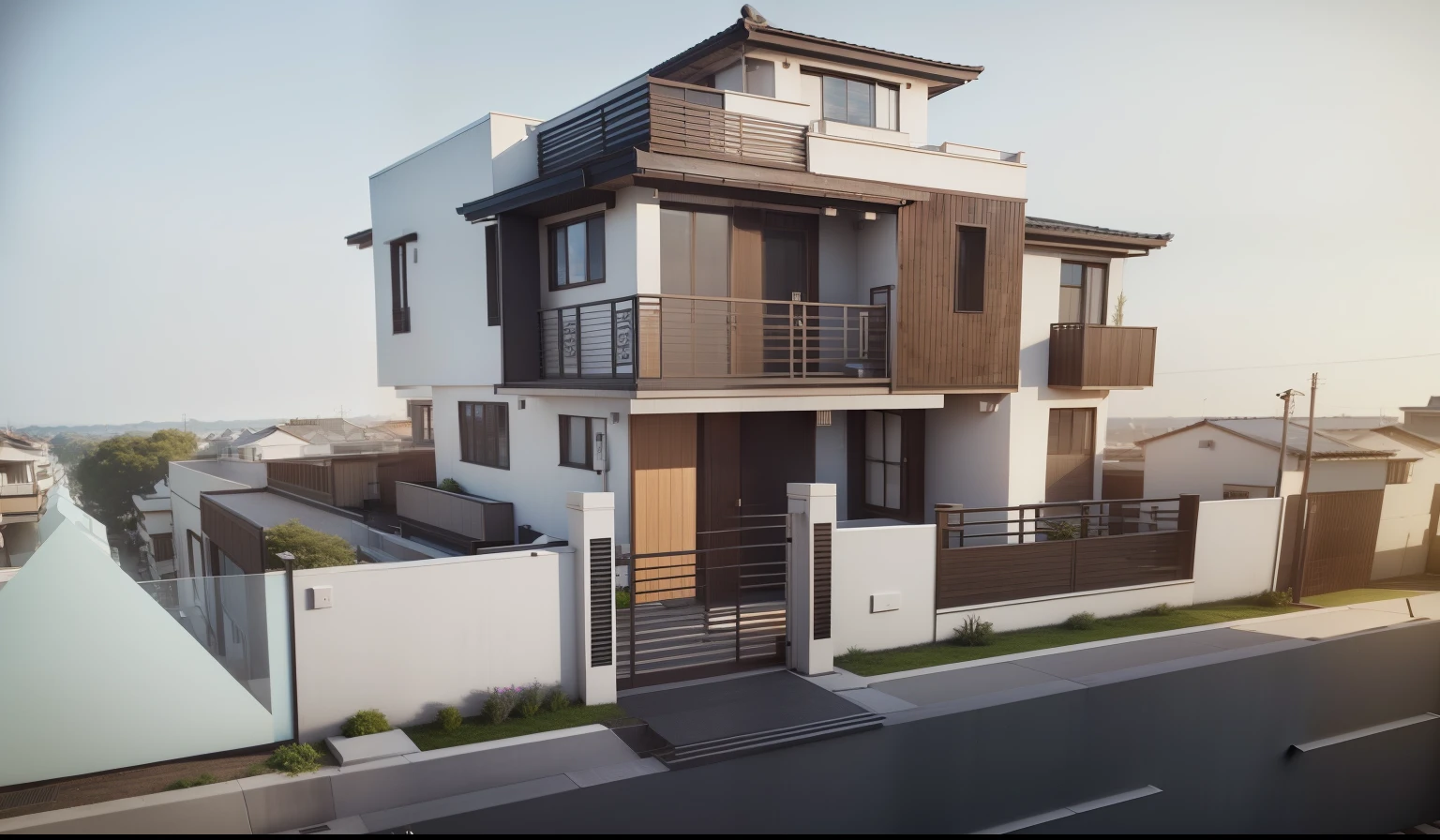 arafed view of a two story house with a balcony and a balcony, complete house, residential design, 3d rendering, 3 d rendering, lumion rendering, fully detailed render, rendered in lumion pro, exterior design, highly detailed render, lumion render, very detailed render, japanese house, render in vray, overall architectural design, architectural 3 d render