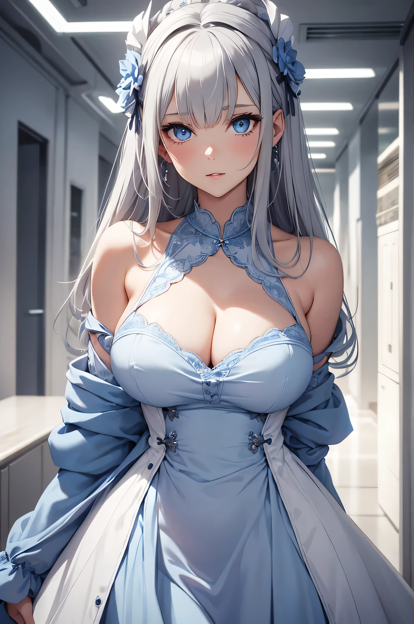 beautiful girl, Gray Hair, blue eyes, White Dress, Big Breasts,