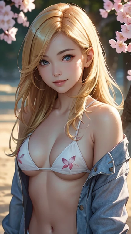 (Best quality,ultra detailed,photorealistic:1.37), (((very beautiful girl without any outerwear, no jacket, shirtless, without a t-shirt, without a bra))),bright and rich colors,studio lighting,playful facial expression,stylish makeup,Long blonde hair fluttering in the wind,inviting eyes,glossy lips,sexy pose, cherry blossom, I smile confidently and seductively,posing for a professional photo shoot,shallow depth of field,highlighting the main subject,soft natural lighting,Creating a dreamy and magical atmosphere.