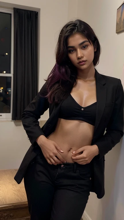 ((best quality)), ((masterpiece)), (detailed),perfect face, fujifilm, dim light, 18 years old, in home, cute face, round ass , medium , slim body, indian girl, brown skin, black and magenta hair, black eyes, beautiful, instagram model pose, night view, black background, coat , blazer, suit, full pants, no look pose