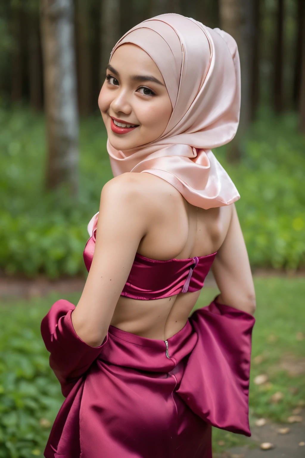 ((Flat chest:1.6)), (Happy smile), (((HIJAB MALAY GIRL))), masutepiece, High quality, UHD 32K, Realistic face, Realistic skin feeling , A Japanese Lady, 8 years old, , Very cute and baby-like face, (((FLAT CHEST))), (Night time at forest), ((look In front  at the camera and SADNESS)), ((())), (((CUTE GIRL))), ((RED LIPS)), ((Satin Floral Pattern)) little wearing pastel strapless bra, strapless colorful, dark night horror scary place (from behind up) seductive pose