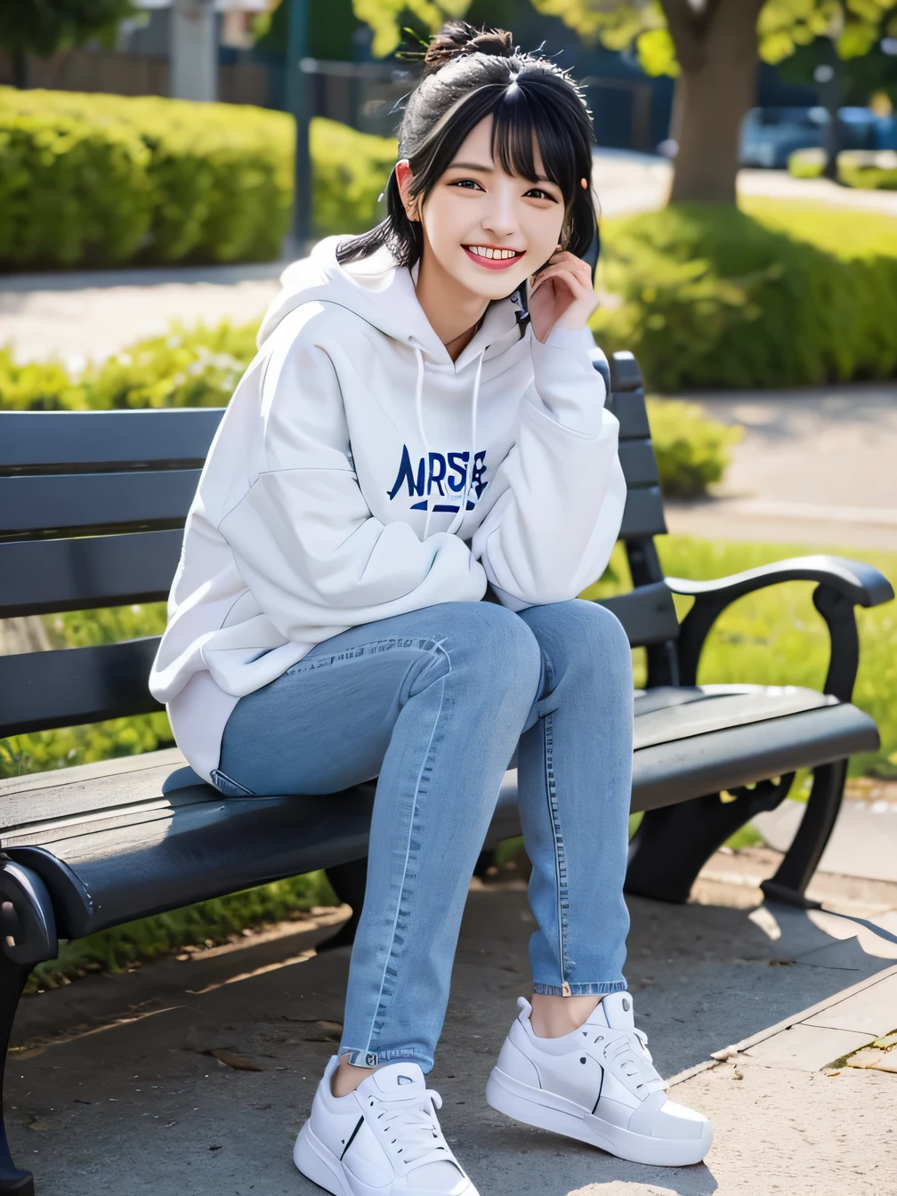 highest quality)), ((masterpiece)), (Get used to it), Perfect Face、((highest quality)), A neat and beautiful woman sitting on a park bench、Ear piercing、hoodie、Skinny jeans、sneakers、Black Hair、Smiling with teeth showing、Full body photo、Ear piercing information
