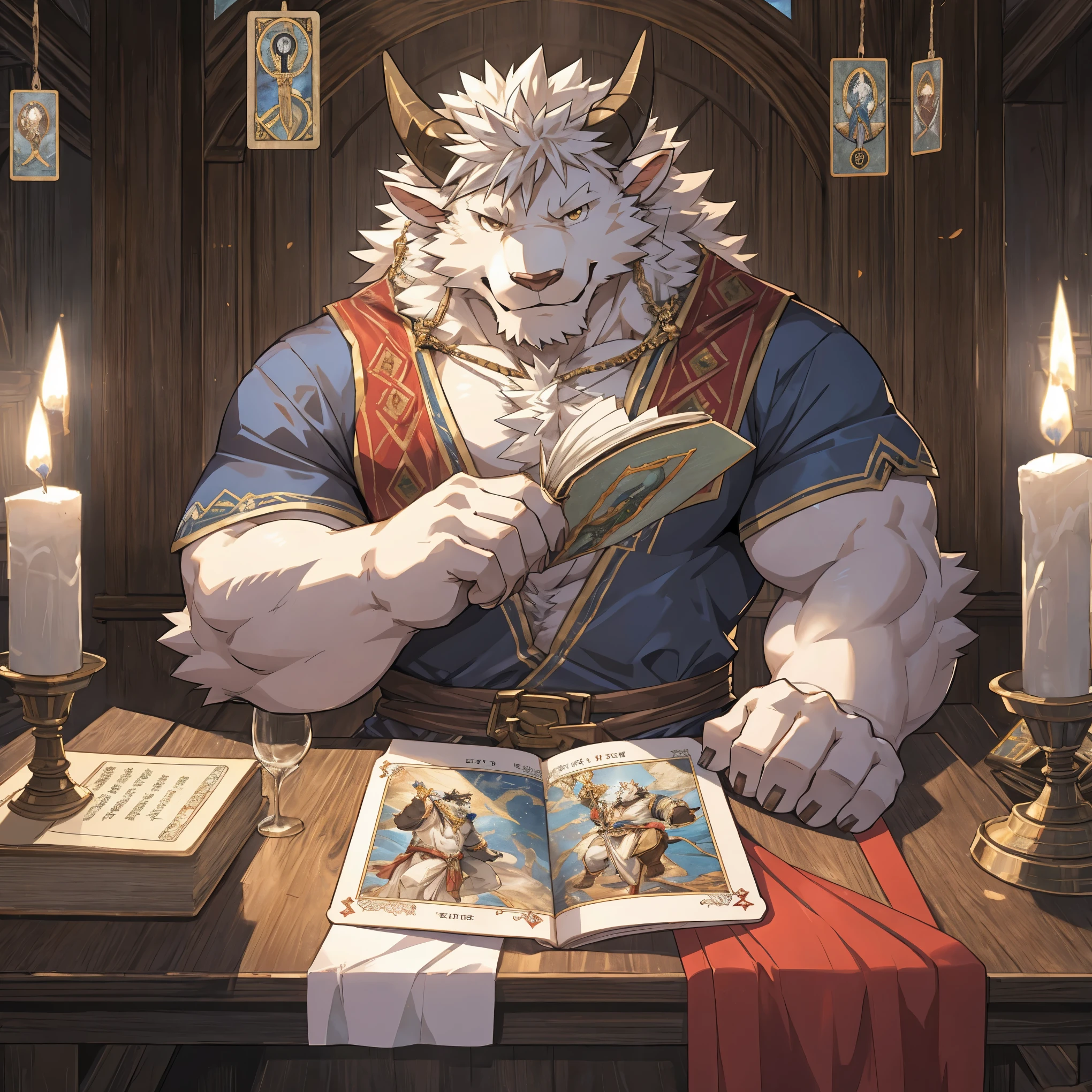 （CG 8k）Sheep orcs，White fur，Sheep horns，Prophet，Divination balls，There are tarot cards on the table，Solitary，Facing the camera，sacred，author：Takemoto Arashi ，by zixiong