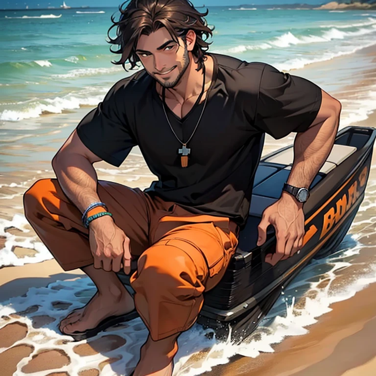 ((best quality)), ((masterpiece)), (detailed), mid thirties, male, stubble, dark brown wavy curlyish hair, dark brown eyes, tan skin, baggy dark brown tye dye shirt, medium muscular build,black and white turtle shell necklace, thread bracelets, cargo shorts, sunny day, orange hues on him, smiling, dimple on right cheek, dynamic, full body shot,