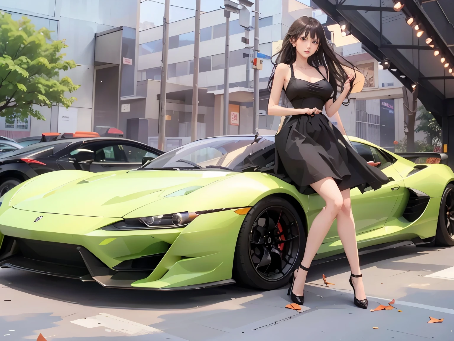 arafed woman in a black dress standing next to a green sports car, anime style 4 k, miura kentaro style, digital art of an elegant, stunning art style, anime style. 8k, smooth anime cg art, badass anime 8 k, realistic anime artstyle, anime style digital art, [ 4 k digital art ]!!, anime styled digital art