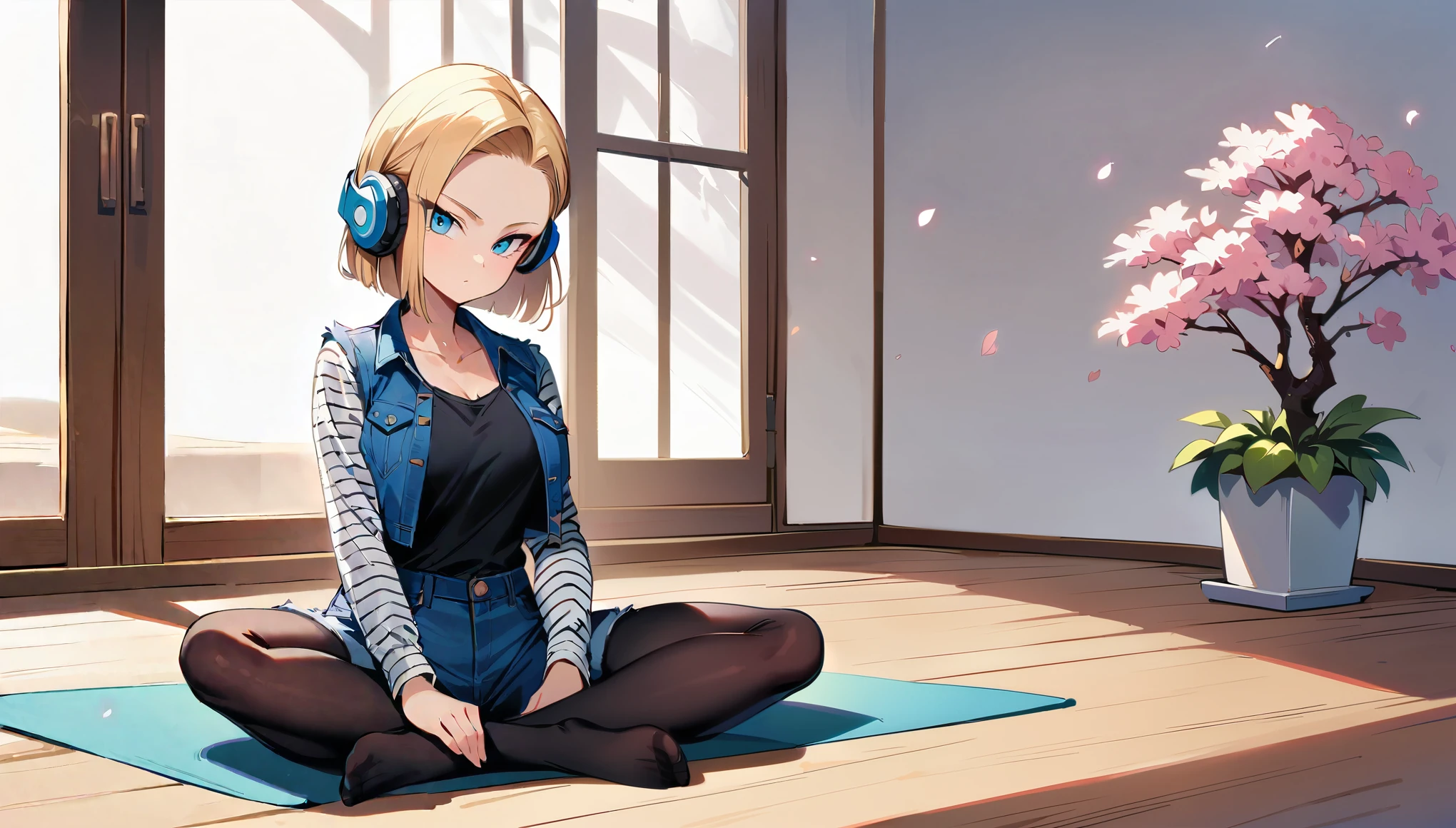(masterpiece, best quality:1.2), frontal full body shot, Android 18 from Dragon Ball, slender feminine figure, sitting with legs crossed at ankles, each foot on opposite thigh, facing camera, upright spine, Zen meditation pose, narrow waistline, (white over-ear headphones must be worn), short blonde hair, blue eyes, earrings on earlobes, denim vest, black pantyhose, black cropped camisole, denim shorts, striped long sleeves, sitting on yoga mat, white potted plant behind, small white potted plant foreground, minimalist white room, no brown furniture or wood tones, all furniture and surfaces must be white, window with cherry blossoms outside, 4K