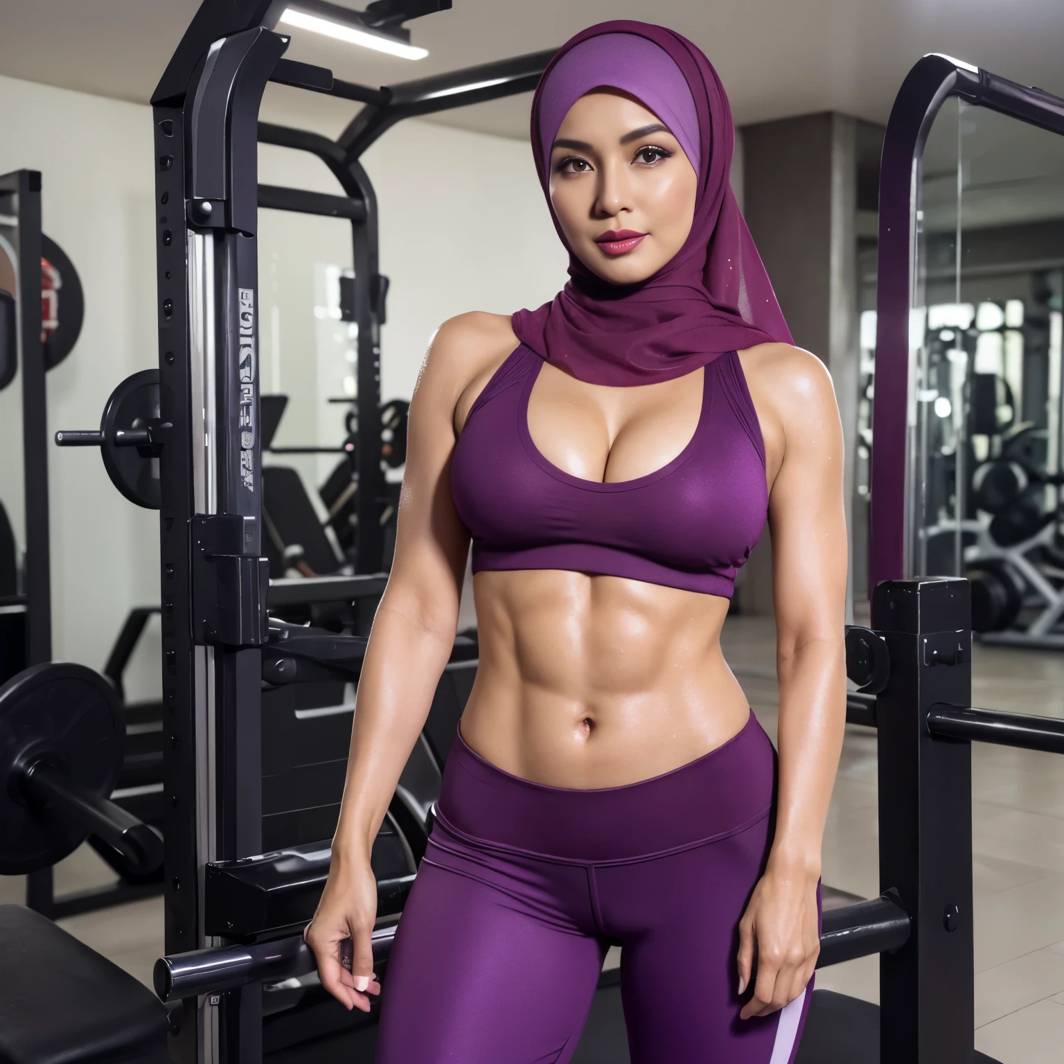 52 years Old, ((Sugar Mama)), ((Beauty Hijab Indonesian Mature woman)), ((Sensual Violet lips)), wet Oily Tanlined through, Droopiest Massive Large Tits, 196 Inches Tits, Tank Top, Fitness Pants, ((Nailing Polish)), Face full of Make up, Full body, Realistic Detailed Perfect abs, at Gym, Dark light, at Day time, Standing.