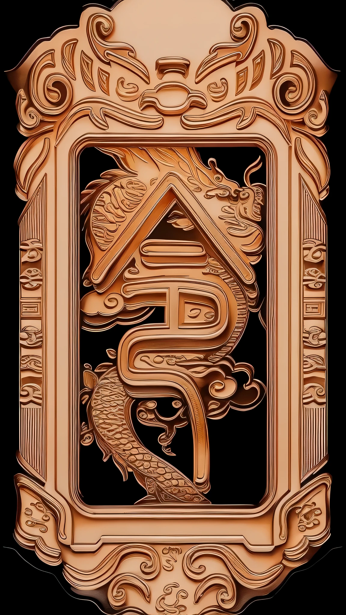 gold,3d rendering,metal paper,relief,three-dimensionalmetal,a chinese symbol with a dragon and a dragon on it's side,in a frame with a dragon and a dragon on the other side,Asai Chū,mingei,a silk screen,japanese,