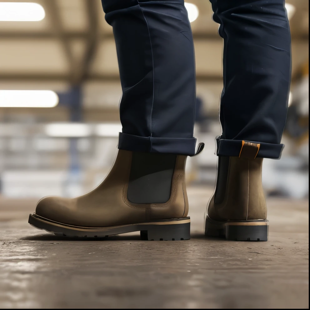 a chelsea work boots ,in factory ,4k,phote, Soft reflective lighting, amazing depth of view, Low angle shot, Shot with Lumix GH5 ()