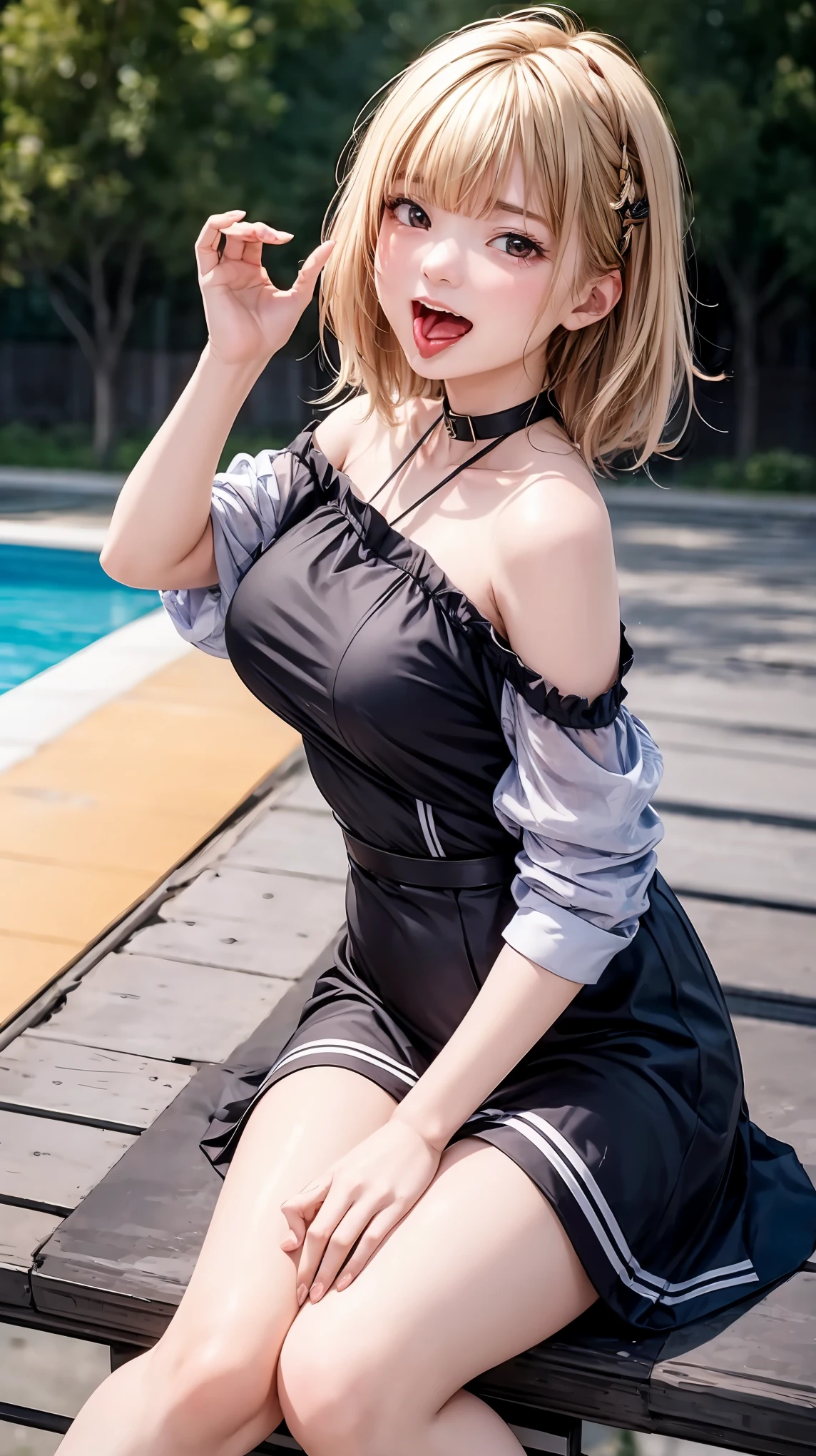 highest quality、4K quality、lean against the wall、Beautiful cleavage、Beautiful Style、tall、Small breasts、Bare buttocks、Small Ass、Shy face、20 year old blonde princess、Bare shouldery skirt is blown up by the wind、ultra detail eye,Shooting from behind、Off-the-shoulder dress、Stick your tongue out and lick the wall、realistic tongue