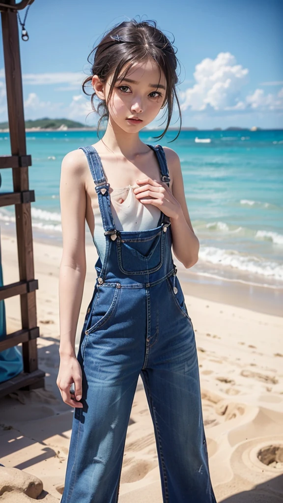 UHigh resolution, retina, masterpiece, Accurate, Anatomically correct, Textured skin, Super Detail, Attention to detail, high quality, Awards, 最high quality, High resolution, 1080p, High resolution, 4K, 8k, 16k、blue sea、Wide sky、deep sandy beach、Cute Girls、(((Denim overalls:1.2)))、Sunburn mark、Lay a sheet on the beach、Rest in seat、Prominent Pussy Lines:1.2、In the heat, Place your fingertips between your legs:1.5,(((((very small flat chest:1.4)))))、(beautiful pussy lines:1.9)、(topless:1.4),