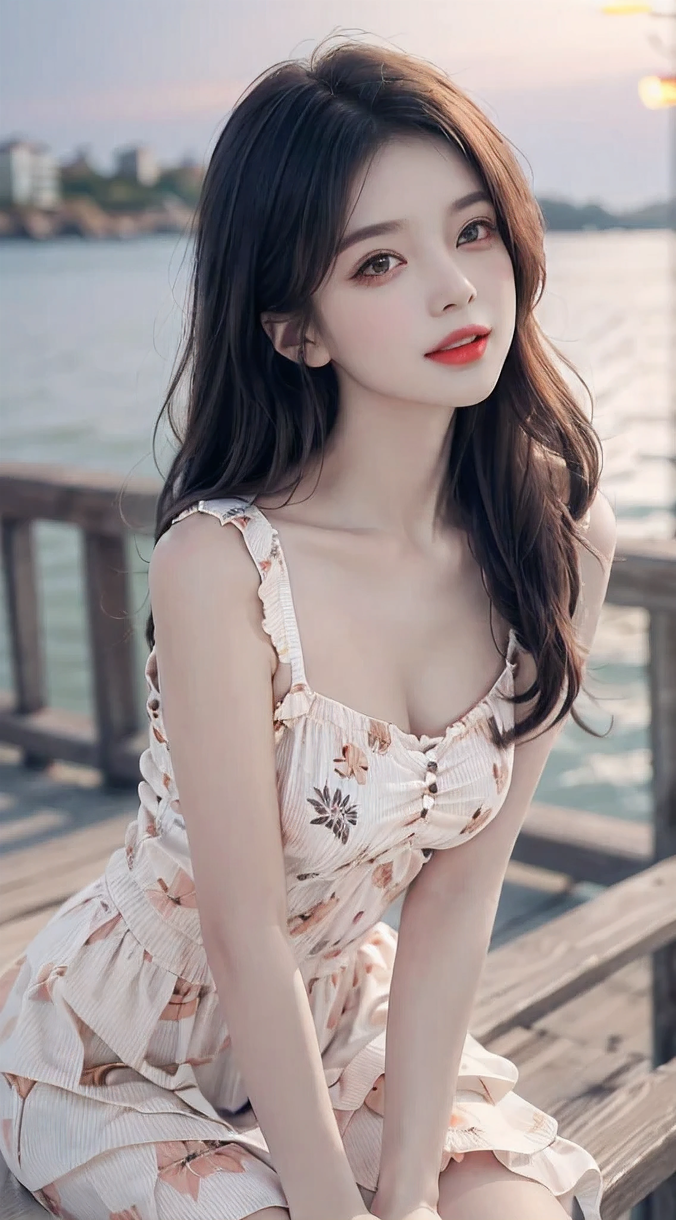 Sweet Girls Clothes 6,Printed dress, Rob a girl. Red lips, Mature female, cosmetic, ((Random shooting angle)), (best quality, masterpiece:1.2), Super detailed, (Practical:1.37), fair, young, Glamorous model (Delicate eyes, Delicate lips, extremely Delicate eyes), Available in white with floral pattern, Show a bright smile, fit, Long legs, Create a stunning picture of a girl enjoying the sun, Outdoor sports, Beach, On the pier, Warm colors, Very high color saturation, official art, Extremely detailed CG unified 8k wallpaper,(High Dynamic Range :1.4), (Movie),(Soft colors, Dull Color, Soothing Tones :1.3), (Natural skin texture, ultra-Practical, Soft Light, sharp),(Very detailed), night, autumn, autumn maple leaves, Professional lighting, leaning on guardrail, Looking beyond