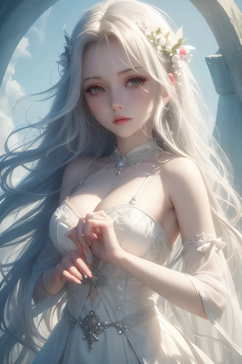 ((highest quality)), ((masterpiece)), (detailed:1.4),Realistic、 beautiful woman images,High resolution(High Dynamic Range),Ray Tracing,NVIDIA,Super Resolution,PBR Textures,Post-processing,Anisotropic Filtering,Maximum depth of field resolution and crisp layered textures,Albedo and Specular Maps,surface shading,Accurate simulation of material interactions,Perfect balance,Rendering with Octane,2-color light,Large Diameter,Low ISO,White balance,Rule 3 points、8K raw data、Beautiful white and shining skin、White hair that changes with the light、Long bangs obstruct the view、Highlights of cheek luster、Sexy and very beautiful and lovely face、The most beautiful face in the world、Super long and gorgeous white hair、Smooth straight hair、White hair blowing in the wind、big, Sparkling light blue eyes、Beautiful Bangs、Beautiful cute girl 25 years old、Enchanted Valley、Beautiful dress、White Wings,White feathers fall