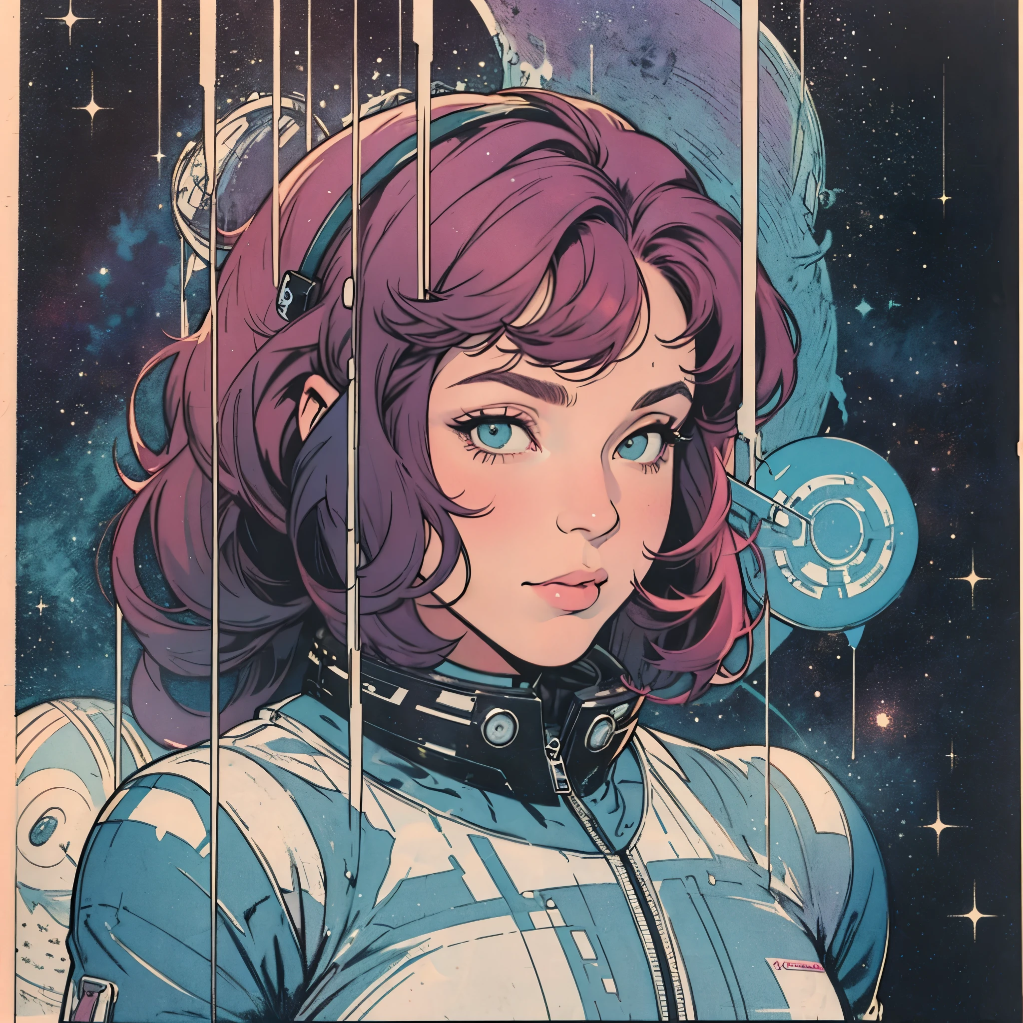 ultimate best quality,beautiful woman,speech bubble,big brest,galaxy,60s,70s,80s,colorful,cosmo,space,
