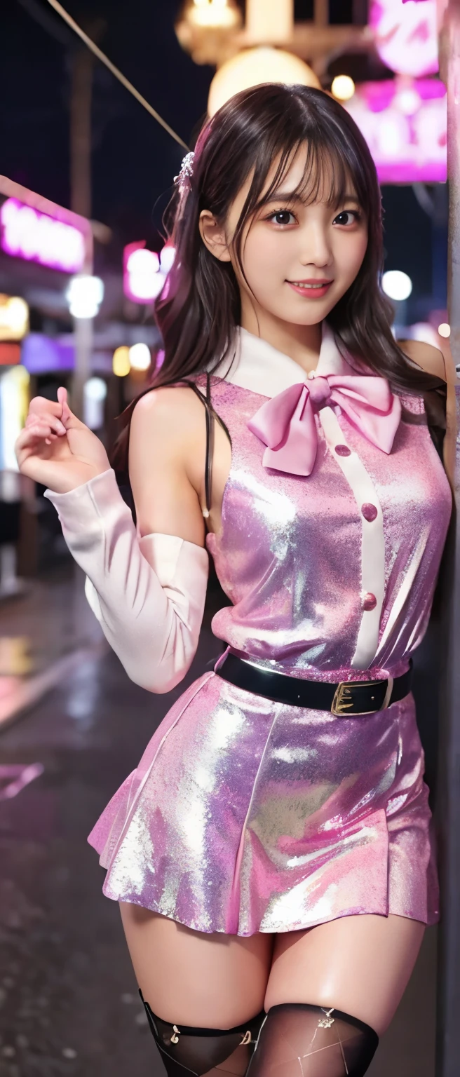 Gorgeous Idol Girl、whole body、Good style、、、、Shiny pink formal tight mini dress（Contains glitter）、Fantastic City、、、Formal jacket、Great belt、Fishnet tights、White fur stole