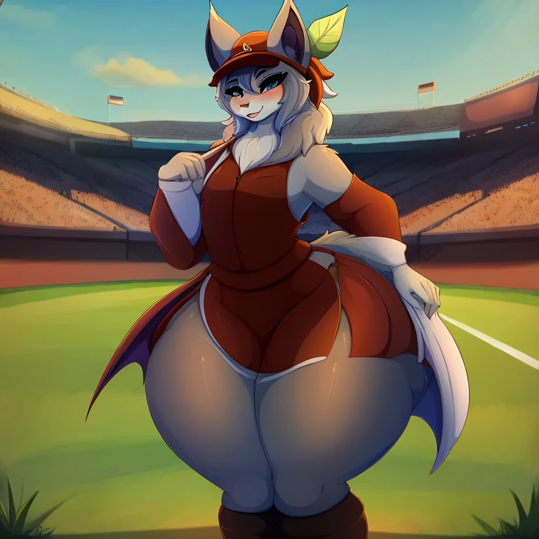 Anthropomorphic leaf nosed bat, grey fur, light grey fur, wide hips, hyper thighs, hyper ass, femboy, masterpiece, high res, by ASaneMan, vintage baseball player outfit, baseball field background, looking at viewer seductively 