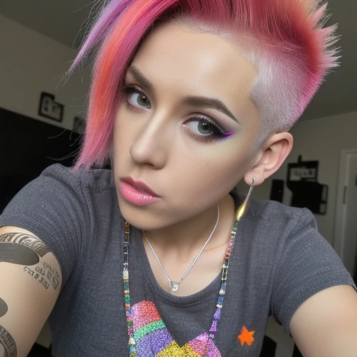 a full body photo of a person with pink hair with orange and blue highlights, beautiful female punk, detailed punk hair, spiky hair, coloured hair, punk girl, punk woman, wearing spikes and piercings, toned orange and pastel pink, brilliantly colored, punk inspired, Mohawk-Inspired One-Side Buzz Cut, 4k, ((Best Quality)), ((masterpiece)), ((realistic)), Nikon Z 14mm ultra wide-angle, 8k UHD, photography, Very realistic drawings, hyperrealistic, crepuscular rays,