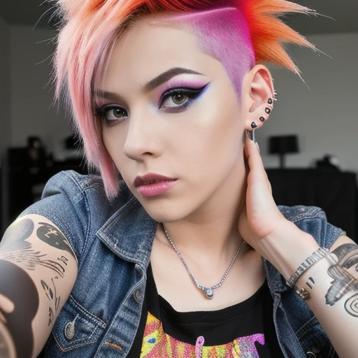 a full body photo of a person with pink hair with orange and blue highlights, beautiful female punk, detailed punk hair, spiky hair, coloured hair, punk girl, punk woman, wearing spikes and piercings, toned orange and pastel pink, brilliantly colored, punk inspired, Mohawk-Inspired One-Side Buzz Cut, 4k, ((Best Quality)), ((masterpiece)), ((realistic)), Nikon Z 14mm ultra wide-angle, 8k UHD, photography, Very realistic drawings, hyperrealistic, crepuscular rays,