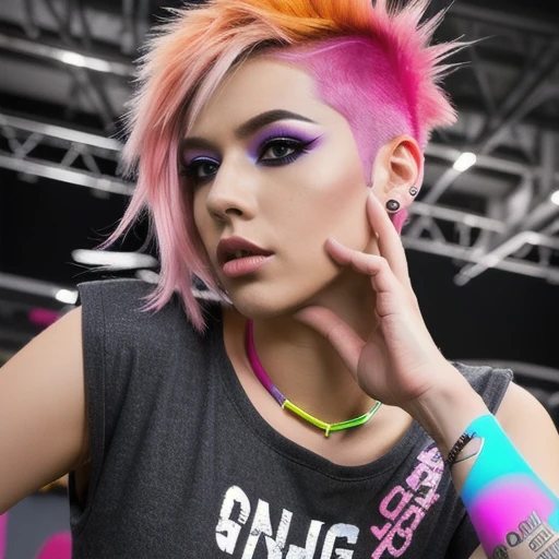 a full body photo of a person with pink hair with orange and blue highlights, beautiful female punk, detailed punk hair, spiky hair, coloured hair, punk girl, punk woman, wearing spikes and piercings, toned orange and pastel pink, brilliantly colored, punk inspired, Mohawk-Inspired One-Side Buzz Cut, 4k, ((Best Quality)), ((masterpiece)), ((realistic)), Nikon Z 14mm ultra wide-angle, 8k UHD, photography, Very realistic drawings, hyperrealistic, crepuscular rays,