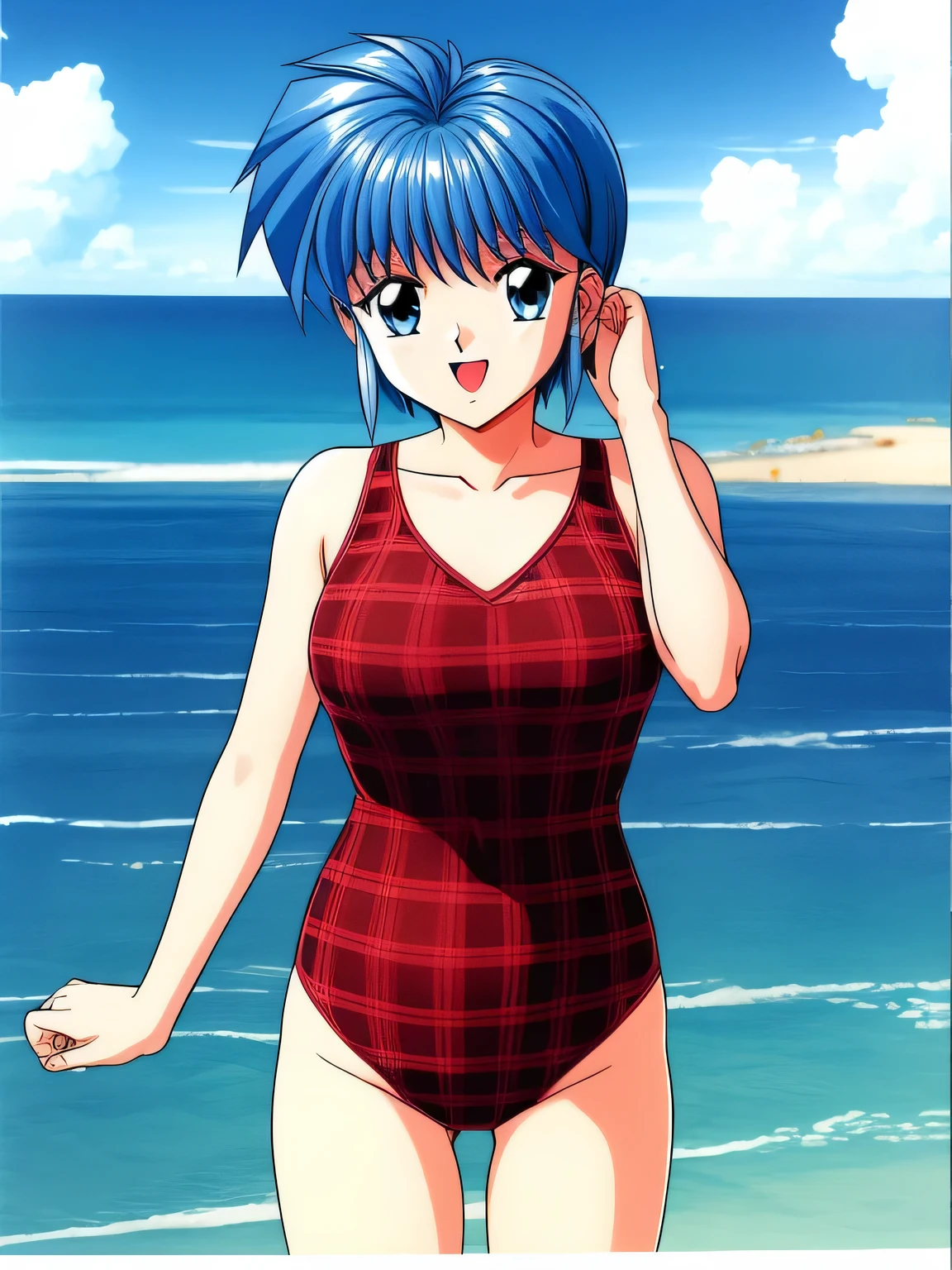 NijinoSaki, One girl, alone, retro artstyle, water, one-piece water, Outdoor, Day, Water play, water, Open your mouth, Raise your arms, 1990s (style), casual one-piece water, Ocean, null, Cowboy Shot, View your viewers, Plaid, smile, chest, Underarm, Daylight, cloud, Are standing, bangs,
masterpiece, expensive quality, very_expensive_solve, big_file size, Full Color,