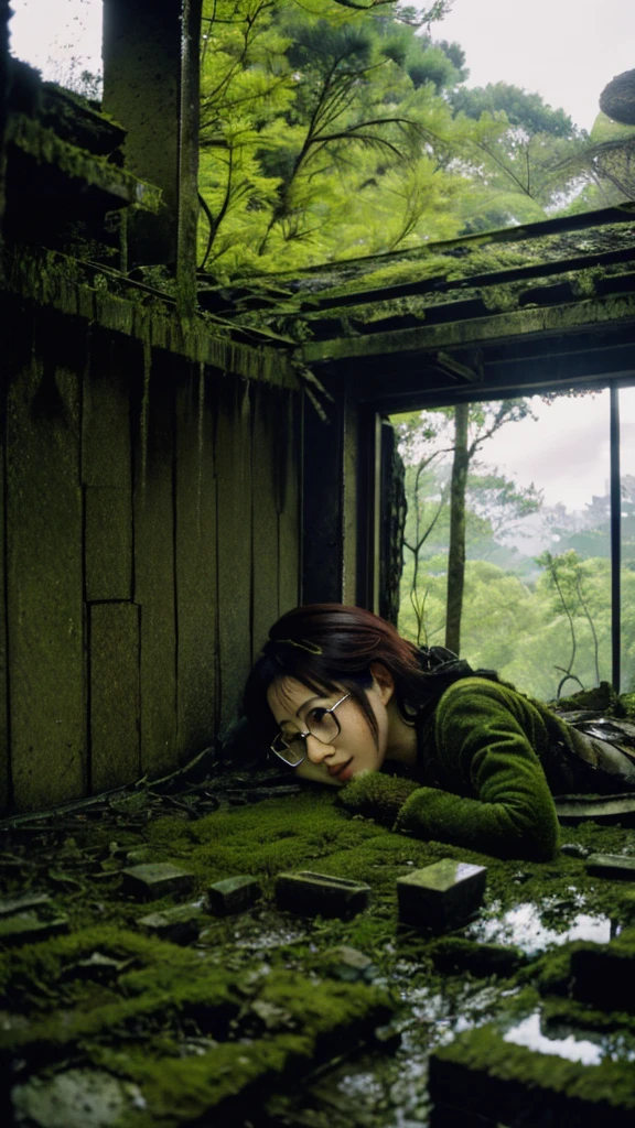 Showa,moss,Collapse,Devastation,Inside the ruins,narrow eyes,Glasses,Women,adventure,Black and White,