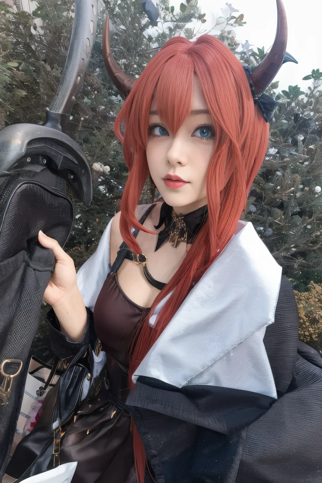 With red hair and horns、There is a woman carrying a bag, anime girl Cosplay, anime Cosplay, Cosplay, Rias Gremory, Cosplayer, Cosplay photo, sakimichan, Kanriu 666, professional Cosplay, Gothic Maiden Anime Girl, full-Cosplay, Devil Anime Girl, From Arknights, Real life anime girls, 8k))