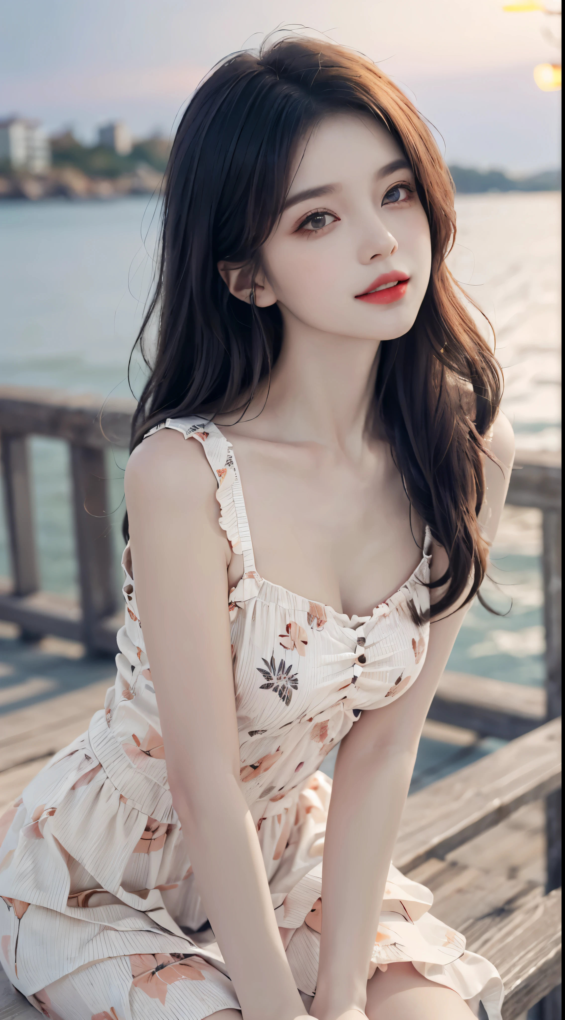 Sweet Girls Clothes 6,Printed dress, Rob a girl. Red lips, Mature female, cosmetic, ((Random shooting angle)), (best quality, masterpiece:1.2), Super detailed, (Practical:1.37), fair, young, Glamorous model (Delicate eyes, Delicate lips, extremely Delicate eyes), Available in white with floral pattern, Show a bright smile, fit, Long legs, Create a stunning picture of a girl enjoying the sun, Outdoor sports, Beach, On the pier, Warm colors, Very high color saturation, official art, Extremely detailed CG unified 8k wallpaper,(High Dynamic Range :1.4), (Movie),(Soft colors, Dull Color, Soothing Tones :1.3), (Natural skin texture, ultra-Practical, Soft Light, sharp),(Very detailed), night, autumn, autumn maple leaves, Professional lighting, leaning on guardrail, Looking beyond