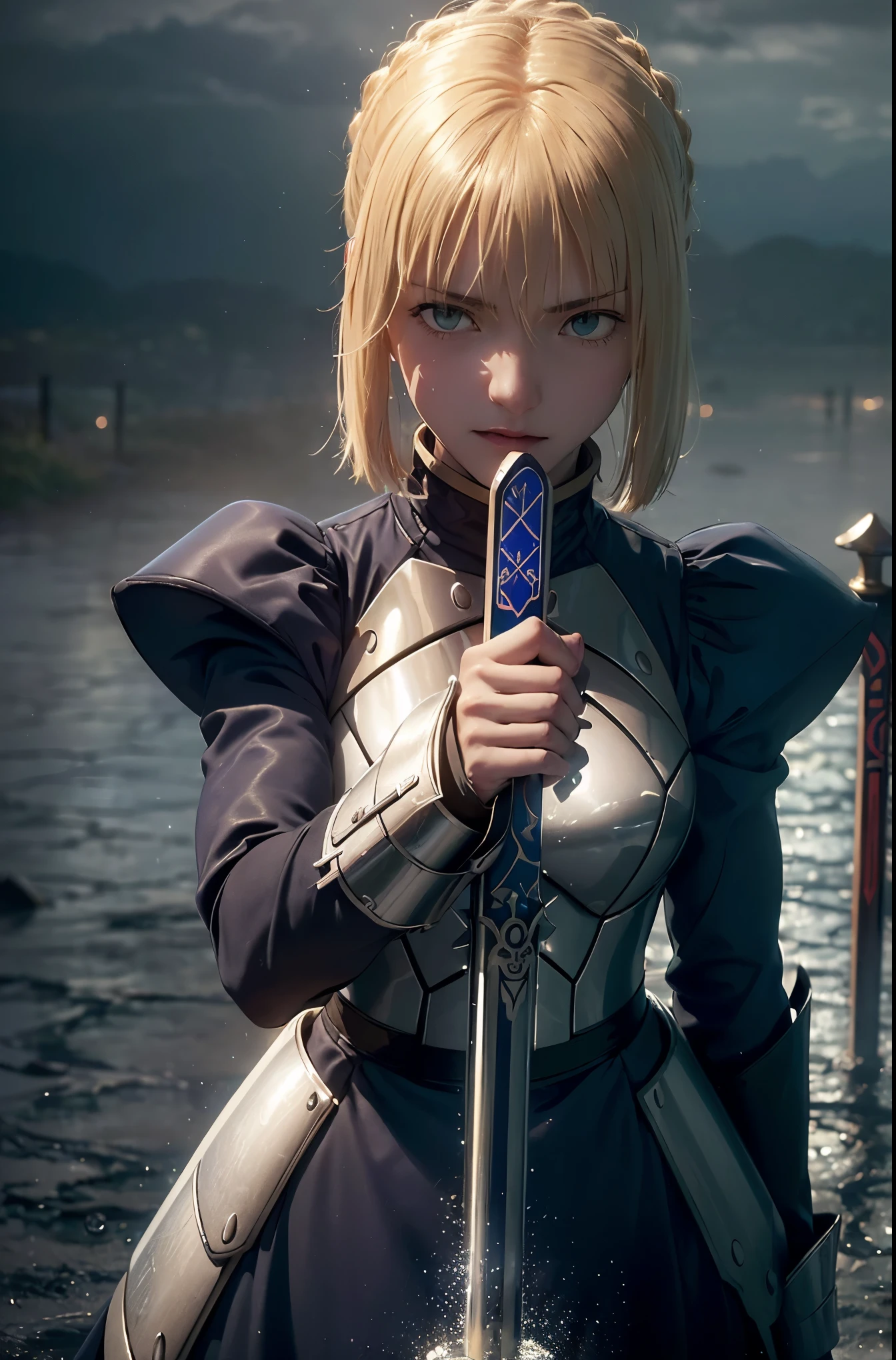 (masterpiece, high resolution, detailed:1.3), Artoria Pendragon from Fate/Stay Night anime, (holding Excalibur sword:1.2), (rain-soaked armor:1.2), (intense expression in the twilight:1.2), dynamic angle, (dramatic lighting:1.2), (heavy raindrops falling:1.1), (muddy battlefield backdrop:1.1), (debris of fallen soldiers:1.1), (dark clouds looming overhead:1.2), (exhausted but determined facial features:1.2), (tattered battle flag in the background:1.1), (ripples in puddles reflecting the scene:1.1), (Canon EOS-1D X Mark III camera for exceptional detail:1.2), (paired with a Canon EF 24-70mm f/2.8L II USM lens:1.2), (capturing the emotion and intensity of the moment:1.1), (highlighting the rain-soaked atmosphere:1.1), (immersing the viewer in a somber and dramatic scene:1.1).detailed 