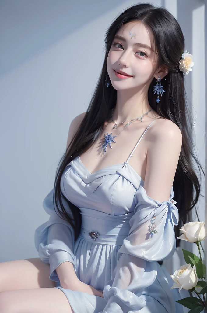 (masterpiece, best quality:1.5), 1 Girl, Solitary,
Black Hair, Long hair, jewelry, Lips, blue eyes, Smile,
breast,
clavicle,
earrings,
flower,
Looking at the audience,
necklace,
White Dress,
Yuechan,
sitting, Perfect lighting, Detailed Color, Facial details,