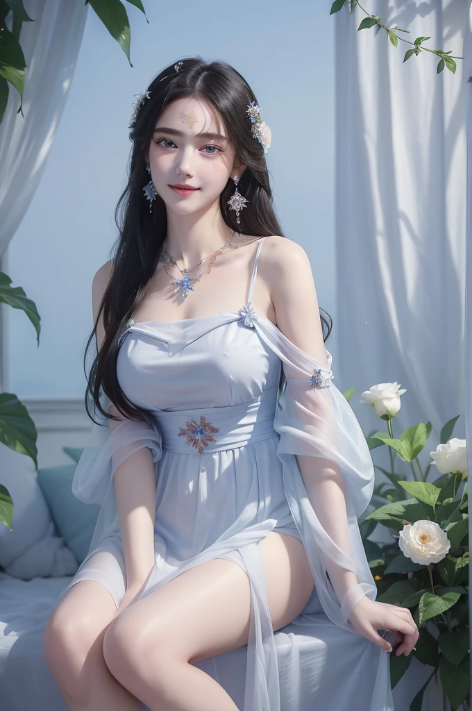 (masterpiece, best quality:1.5), 1 Girl, Solitary,
Black Hair, Long hair, jewelry, Lips, blue eyes, Smile,
breast,
clavicle,
earrings,
flower,
Looking at the audience,
necklace,
White Dress,
Yuechan,
sitting, Perfect lighting, Detailed Color, Facial details,