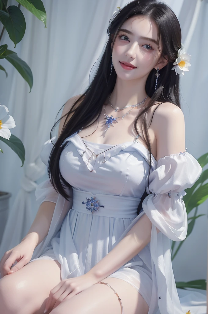 (masterpiece, best quality:1.5), 1 Girl, Solitary,
Black Hair, Long hair, jewelry, Lips, blue eyes, Smile,
breast,
clavicle,
earrings,
flower,
Looking at the audience,
necklace,
White Dress,
Yuechan,
sitting, Perfect lighting, Detailed Color, Facial details,