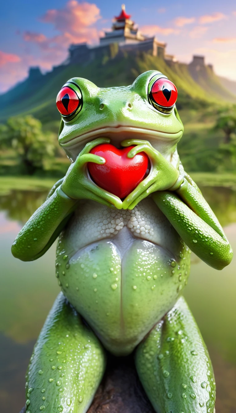 A frog with red eyes hugging a human heart,Lifelike,The background is the scenery of the world wonders