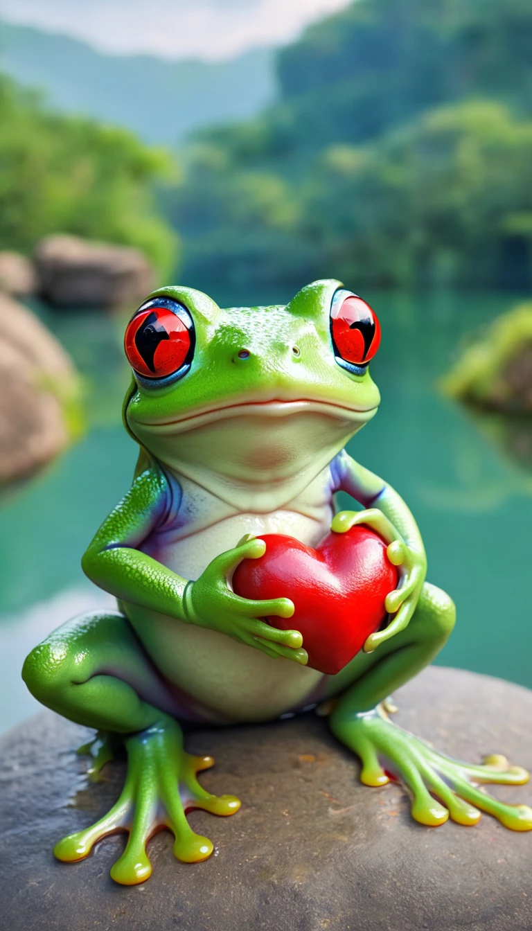 A frog with red eyes hugging a human heart，Lifelike，The background is the scenery of the world wonders 