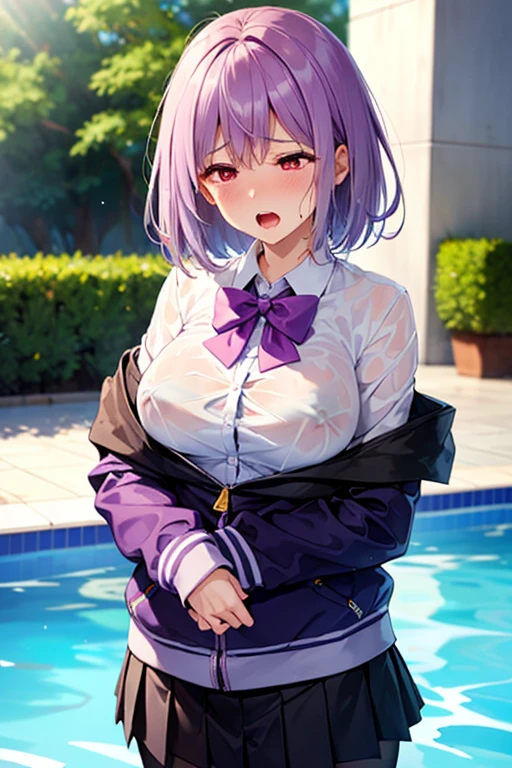 (8K、top-quality、masterpiece:1.2)、(realisitic、ultra-detailliert、超A high resolution,beautifull detailed face,perfect body,perfect lighting,constriction,beautiful detailed skin,skin texture,(1giri,very short hair:1.5,purple hair,red eyes),giving a slight bow,(school uniform,purple bow tie,collared shirt,off shoulder,purple,jacket,partialy unzipped,long sleeves,sleeves past wrists,pleats skirt,black skirt,pantyhose,clothes around weist,black loafers),swimming pool,(see through:1.0,erect nipples:1.0),((Sneeze:1.5)),wet hair:1.5,wet body:1.5,hugging herself:1.0