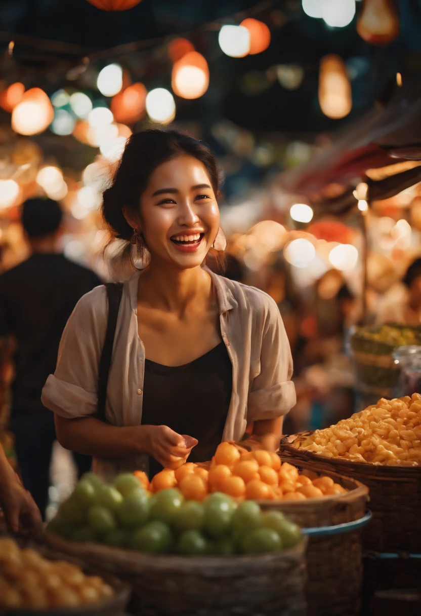 A lively night market. The woman is dressed in casual clothes, carrying snacks, and her face is full of joy and contentment.