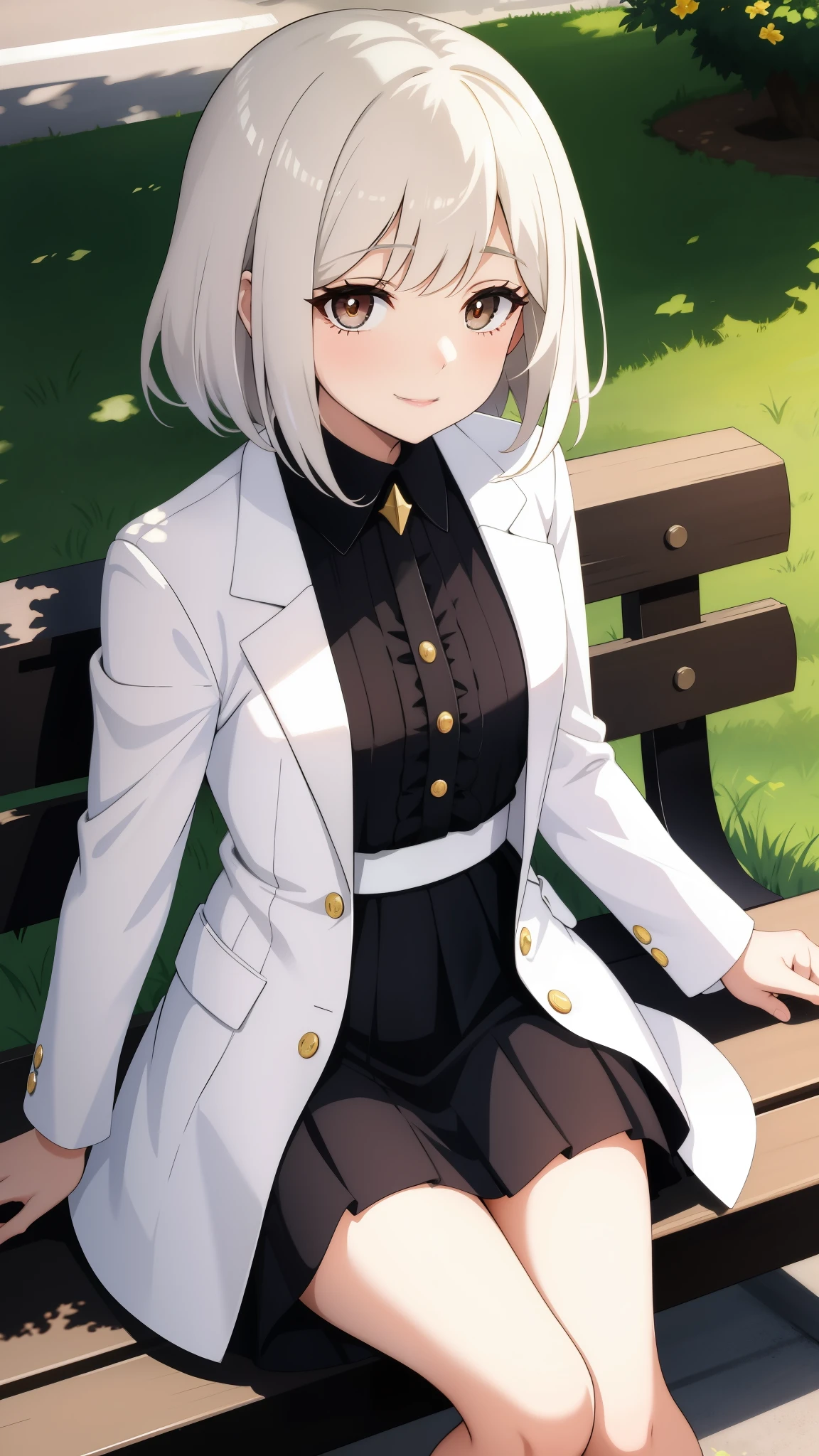 On a sunny day, an elegantly dressed girl sits on a park bench, her white blazer dress flowing gently in the wind. Her platinum brown angled bob frames her face, with a sleek, flat fringe and wavy locks cascading down her shoulders. Her eyes, swollen slightly from the sweet tear of happiness (Ojos hinchados:1.05), crinkle at the corners as she smiles slightly, bringing out her stunning, innocent symmetry face. Her long eyelashes bat against her rosy cheeks, and her black eyeliner and golden highlighter define her features.

Crossing her legs, she breathes in deeply, feeling the warmth of the sun on her