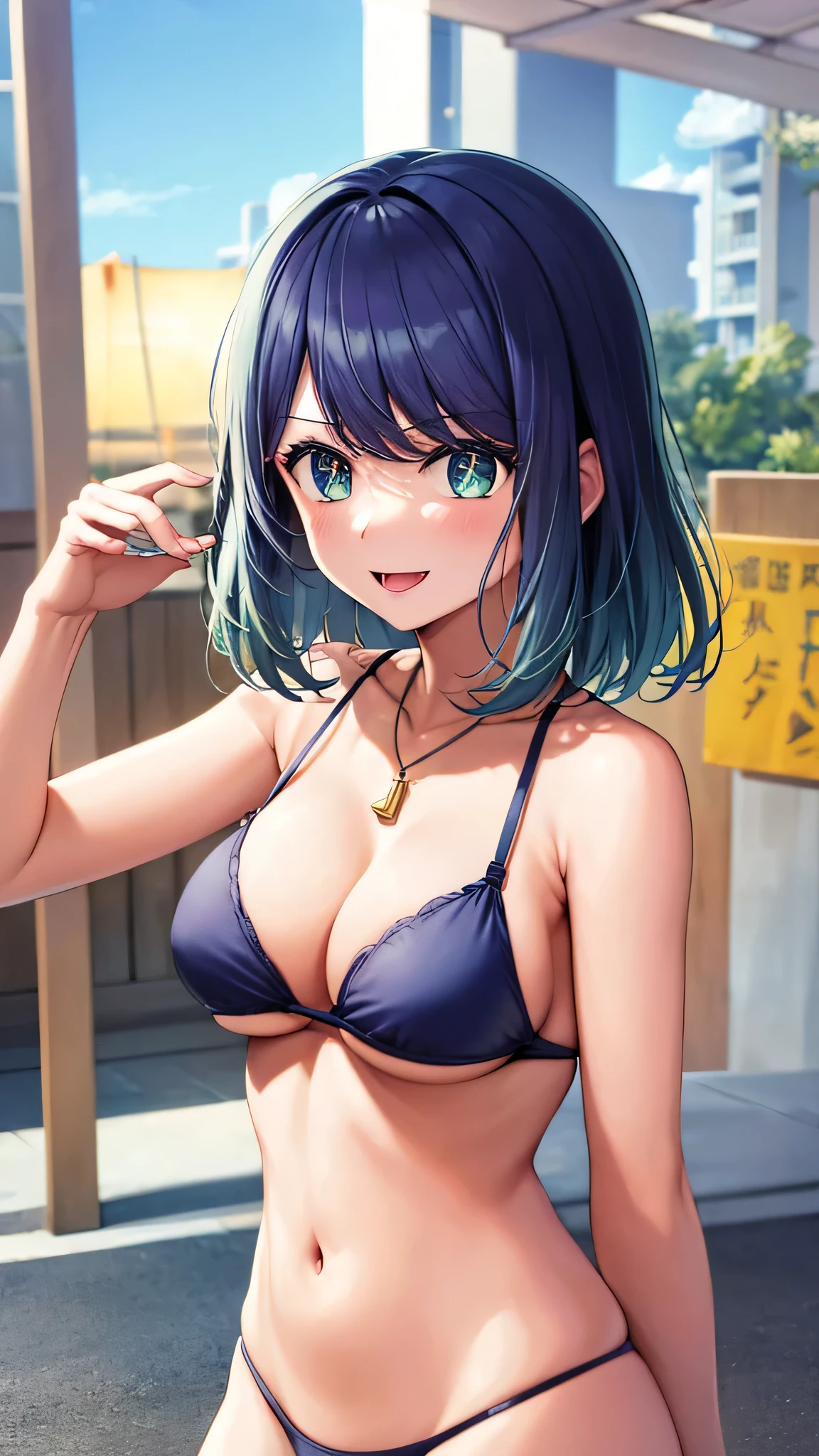 ((highest quality:1))、((Highest quality:1.8))、((Highest Resolution:1.9)),masterpiece, ((Mature woman))、((Slim body:1.3)),age((Age 25)),Photo of akane kurokawa, Aqua Eye, Blue Hair, ((Medium Hair)), ((Inward Curling Bob:1.5)),Side Lock, ((Very large breasts:1.9))、((Wearing only blue underwear:1.5)), (White skin), (sweating) ,(Beautiful views),(Perfect Face), masterpiece, blush, One girl, alone, Smooth anime CG art.8 gold necklace)、((white headband)),((Sunny day beach)),