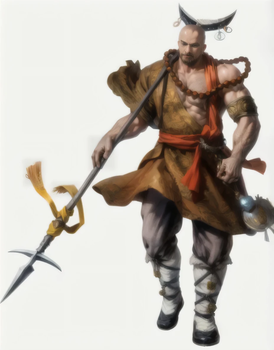 (absurdres, highres, ultra detailed, HDR), masterpiece, intricate details, best quality close-up picture of a character from suikoden, a character with handsome looks, korean face, bald head without hair, anime blue eyes, smirking face, matured , tim Burton theme, topless outfit showing chest,Wear a large rosary necklace around your neck, detailed underworld town setting background, big moon scenery, detailed character, art kenouji, arafed male with a sword and a shield in his hand, 3 d render character art 8 k, barbarian, yasuke 5 0 0 px models, conan, picture of an adult male warrior, fighting game character, hybrid from dynasty warriror, ne zha from smite, male barbarian, male warrior, fantasy character octane render, barbarian warrior, highly detailed character,a close up of a man with a sword and a hat, inspired by Hu Zaobin, inspired by Yang Jin, chinese warrior, inspired by Huang Shen, male warrior, guan yu, sun wukong, inspired by Du Jin, inspired by Li Kan, inspired by Dai Jin, legendary god holding spear, concept art of a warrior