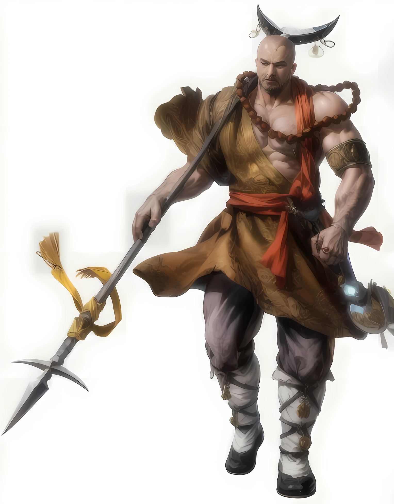 (absurdres, highres, ultra detailed, HDR), masterpiece, intricate details, best quality close-up picture of a character from suikoden, a character with handsome looks, korean face, bald head without hair, anime blue eyes, smirking face, matured , tim Burton theme, topless outfit showing chest,Wear a large rosary necklace around your neck, detailed underworld town setting background, big moon scenery, detailed character, art kenouji, arafed male with a sword and a shield in his hand, 3 d render character art 8 k, barbarian, yasuke 5 0 0 px models, conan, picture of an adult male warrior, fighting game character, hybrid from dynasty warriror, ne zha from smite, male barbarian, male warrior, fantasy character octane render, barbarian warrior, highly detailed character,a close up of a man with a sword and a hat, inspired by Hu Zaobin, inspired by Yang Jin, chinese warrior, inspired by Huang Shen, male warrior, guan yu, sun wukong, inspired by Du Jin, inspired by Li Kan, inspired by Dai Jin, legendary god holding spear, concept art of a warrior