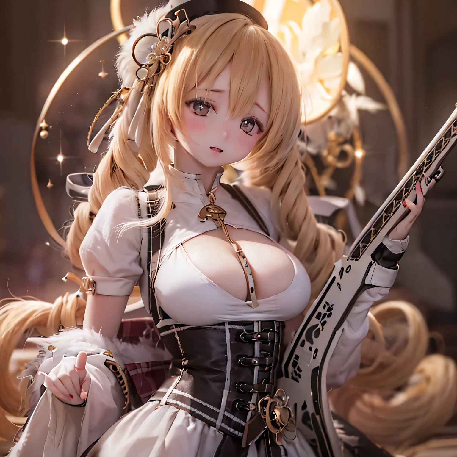 (best quality,ultra detailed,masterpiece:1.2), expressive eyes, flawless face, beautiful, elegant pose, long pink hair, golden eyes, pink lips, detailed magical girl outfit, sparkling, anime style, vibrant colors, cute, thick lips (((have a musket)))
blonde