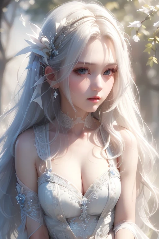 (White Wings 1.2),(White feathers falling in the background 1.1), ((masterpiece)), (detailed:1.4),Realistic、 beautiful woman images,High resolution(High Dynamic Range),Ray Tracing,NVIDIA,Super Resolution,PBR Textures,Post-processing,Anisotropic Filtering,Maximum depth of field resolution and crisp layered textures,Albedo and Specular Maps,surface shading,Accurate simulation of material interactions,Perfect balance,Rendering with Octane,2-color light,Large Diameter,Low ISO,White balance,Rule 3 points、8K raw data、Beautiful white and shining skin、White hair that changes with the light、Long bangs obstruct the view、Highlights of cheek luster、Sexy and very beautiful and lovely face、The most beautiful face in the world、Super long and gorgeous white hair、Smooth straight hair、White hair blowing in the wind、big, Sparkling light blue eyes、Beautiful Bangs、Beautiful cute girl 25 years old、Enchanted Valley、Beautiful dress、