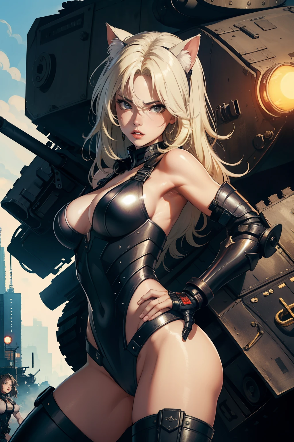 ((highest quality)), ((masterpiece)), (be familiar with), (High definition), 8K, Perfect Face、2Women、Two blonde women with cat ears、((LOL))、((多脚tank)), (多脚tankに二人乗りしている)、tall、2 Blonde cat ears、2. Long Hair、2. Volumetric hair style、Large Breasts、Narrow waist、Big Ass、glamorous、Alluring、protector、Armor、combat suit、Combat Boots、Armament、Equipped with large firearms、Cinematic、Best Shadow、Side lighting、NEO TOKYO、riot、explosion、tank、(Close-up of face)