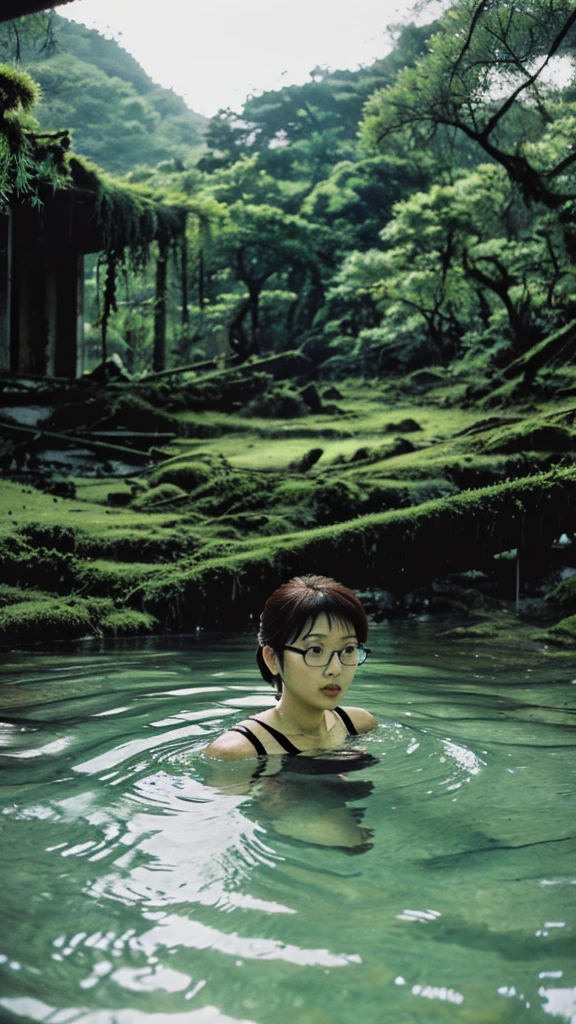 26 year old Thai woman wears glasses.. She is a woman with silver bangs.. and a beautiful face lying on its back, stretch out, Soaking in the middle of the stream. Until the body was soaked with water. In a large forest, there were colorful leaves, all white., pink, golden, Blue light shone everywhere.. wide angle art, See the whole universe behind the scenes Digital Painting, 3D Characters, Realistic 3D Oil Paintings"