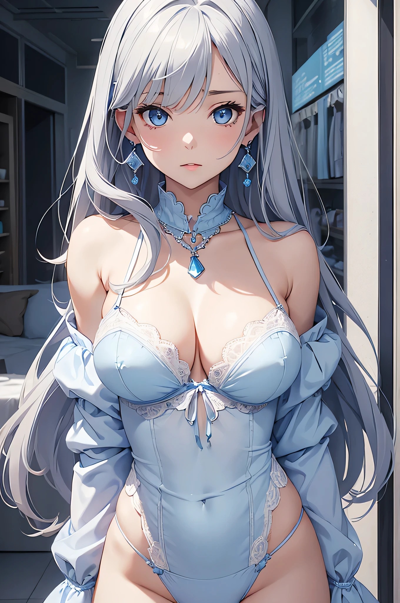 beautiful girl, Gray Hair, blue eyes, White and light blue underwear, Big Breasts、Blue Necklace、Blue earrings、White Dress、The bra is slightly visible