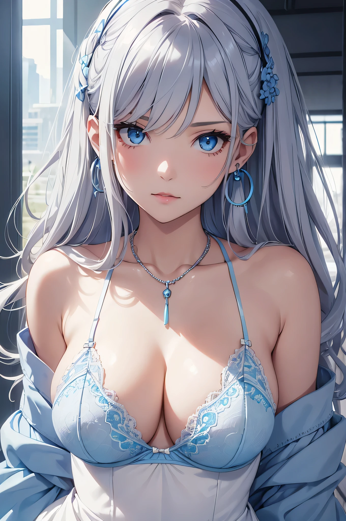 beautiful girl, Gray Hair, blue eyes, White and light blue underwear, Big Tits、Blue Necklace、Blue earrings、A white dress with a hint of bra、