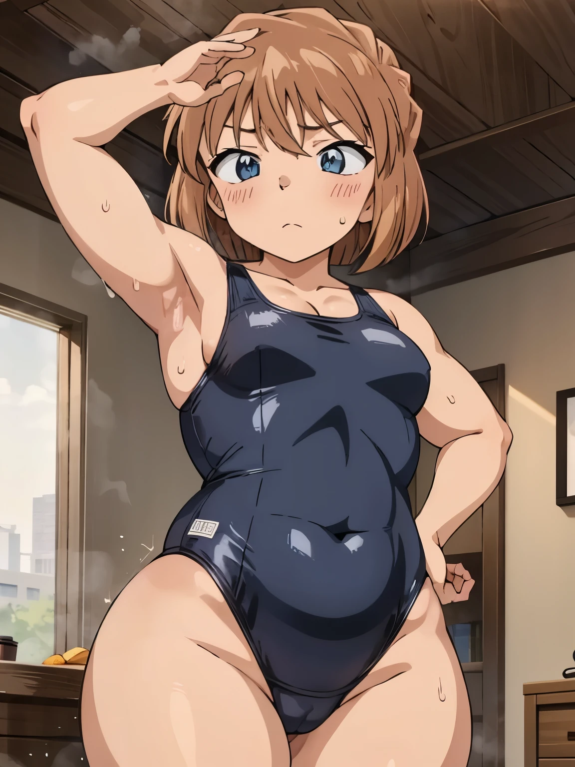 Haibara Ai,A girl wearing a one-piece swimsuit, Big booty, Curvaceous accentuated booty, Light Brown Hair,Blue Eyes,Muscular!!,short hair,Small breasts!!!!,Blushed,Troubled expression,steam,Sweat,Steam coming from the body,Chubby,Big Ass!!,Dog Pose!!!!,Don&#39;t bend your knees,Are standing,bending upper body,Eyes look up,She is saluting,Stuffy armpits,Thick body,Squat