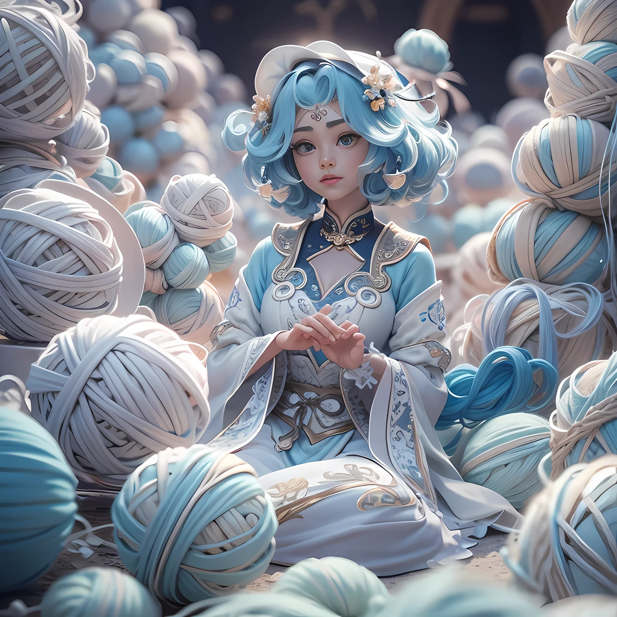 Balaco wind in Italy，Taoist fairy，Huangshan people，Exquisite Hair，Arm carving，White-blue hair all over the body，Delicate gradient shoes，Eye portrayal，Exquisite Hair，Popmart blind box，Clay texture，Treading on the ground，Black and white backgroundb full of balls of yarn，natural  lightting，Best quality at best，Hyper-detailing，arte 3D，C4D, OC renderer, a 3D render, 8K，45 degree viewing angle，Wear a big hat