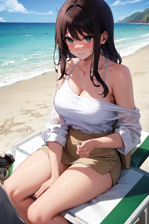 Sitting on the beach site, having Starbucks coffee, looking extremely sexy, white shirt dropping from the shoulder, crouching 