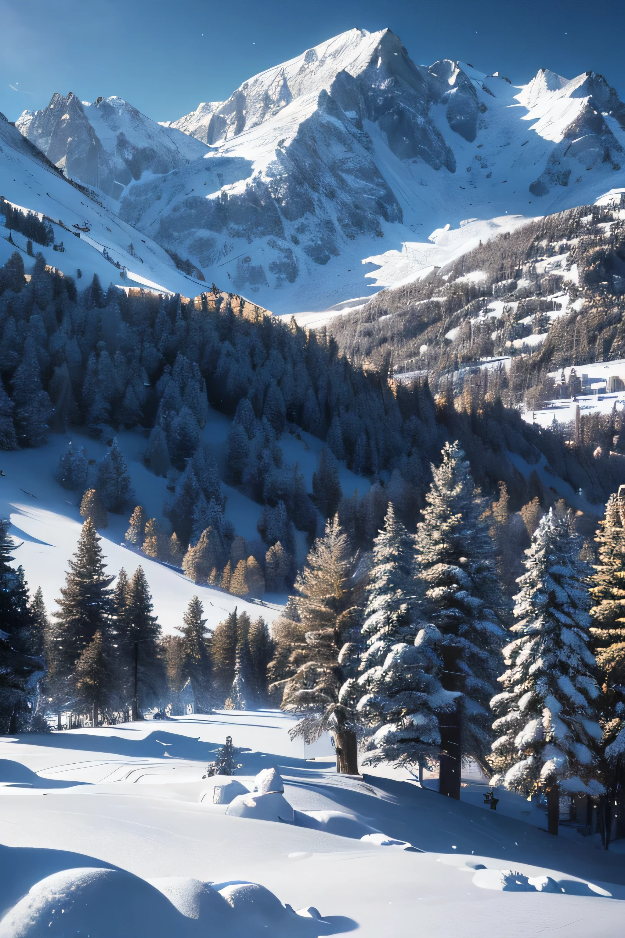 landscape of a mountain valley, ((pines at the foot of the mountains)), ((snow on the peak of the mountains)), cinematic, 8k, detailed, realistic, octane render, (((intricate details)), hdr, ((intricate details, hyperdetailed)), photorealistic, ultrarealistic, realistic shadows, realistic lighting