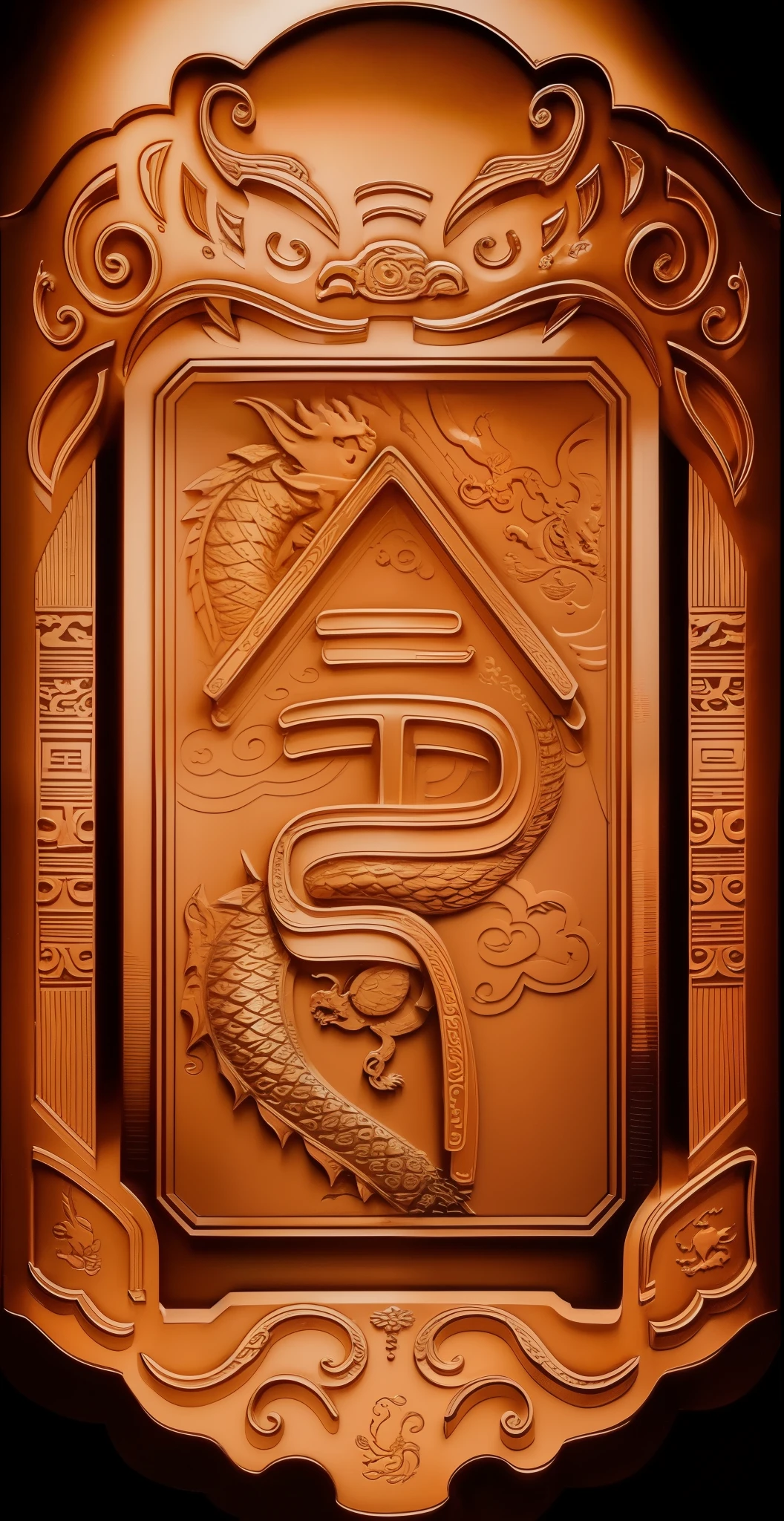 metal paper,relief,three-dimensional,3d rendering,metal,gold,a chinese symbol with a dragon and a dragon on it's side,in a frame with a dragon and a dragon on the other side,Asai Chū,mingei,a silk screen,japanese，Details，High-definition quality